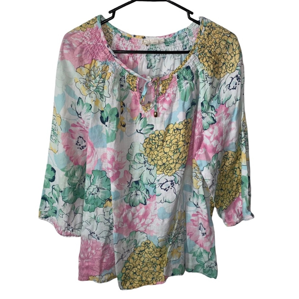 Charter Club Linen Luxury 100% linen floral tie front top size XL